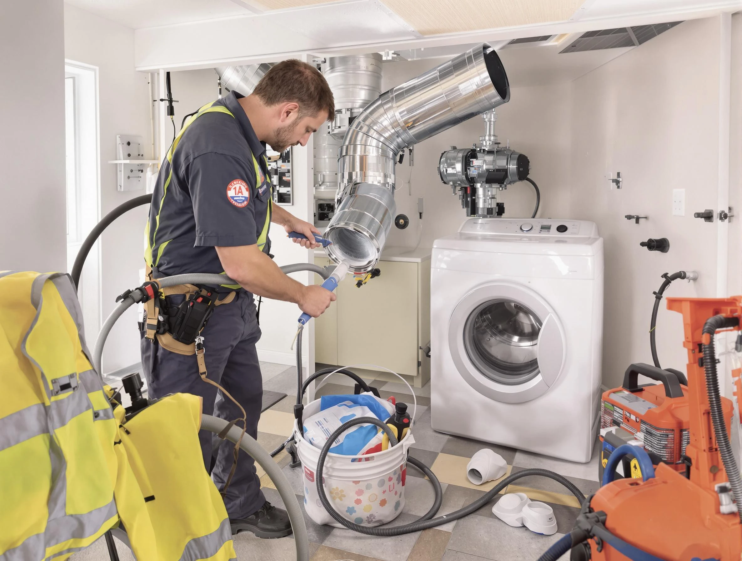 Hopewell Dryer Vent Cleaning technician using specialized equipment to clear severe dryer vent blockage in Hopewell